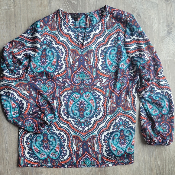 Talbots, Large Petite,‎ Paisley, Keyhole, Ruffle Sleeve Blouse, Blue and Red - Picture 1 of 5